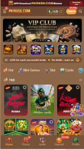 PKR 656 Game dashboard showing user balance, game categories, recent activity, and navigation menu.