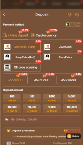 PKR 656 Game deposit page showing payment methods, deposit options, and wallet funding